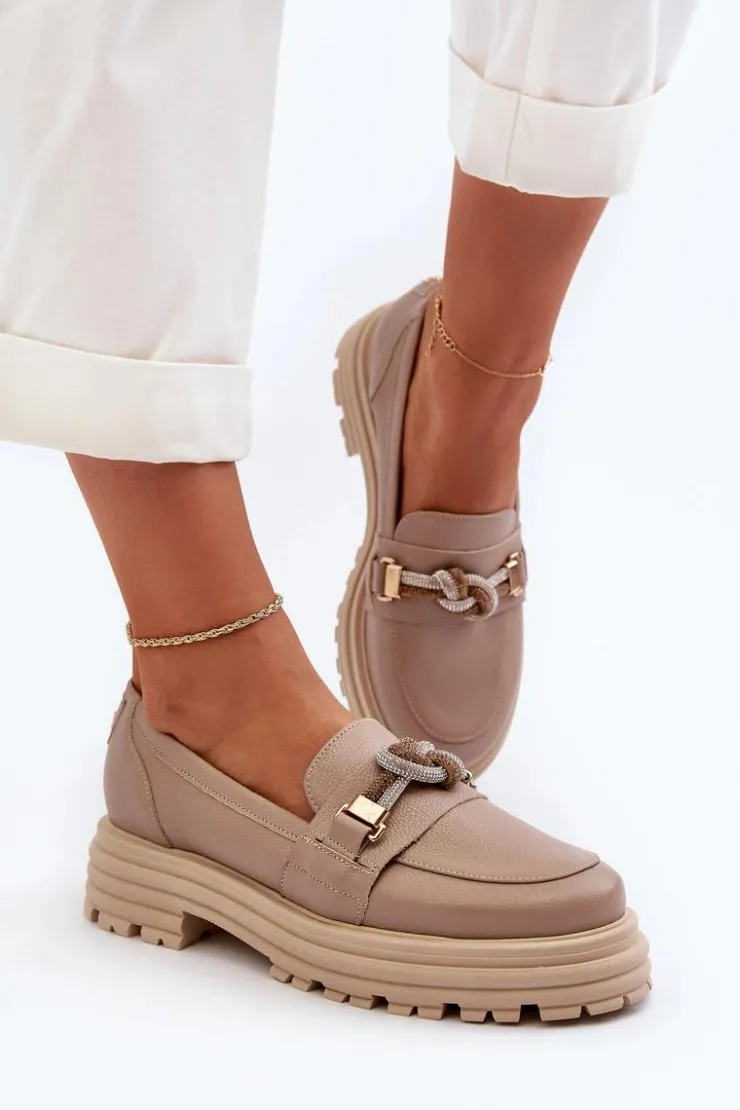 New Laura Messi Skórzane Mokasyny Damskie Z Ozdobą 2780 Ciemnobeżowe Beżowy