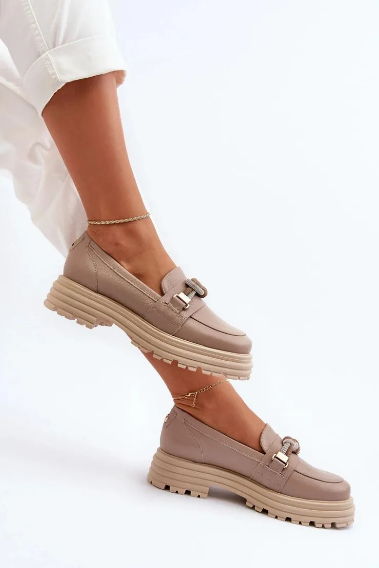 New Laura Messi Skórzane Mokasyny Damskie Z Ozdobą 2780 Ciemnobeżowe Beżowy