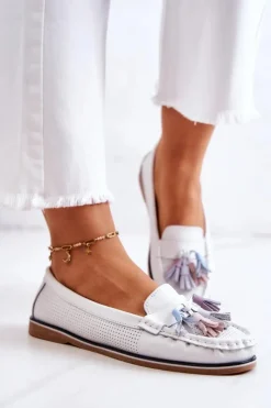 Online Evento Skórzane Mokasyny Damskie Z Frędzlami Białe Laressa