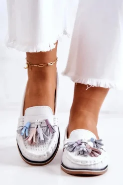 Online Evento Skórzane Mokasyny Damskie Z Frędzlami Białe Laressa