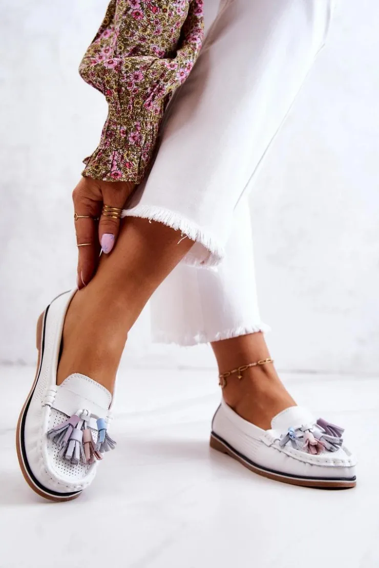 Online Evento Skórzane Mokasyny Damskie Z Frędzlami Białe Laressa