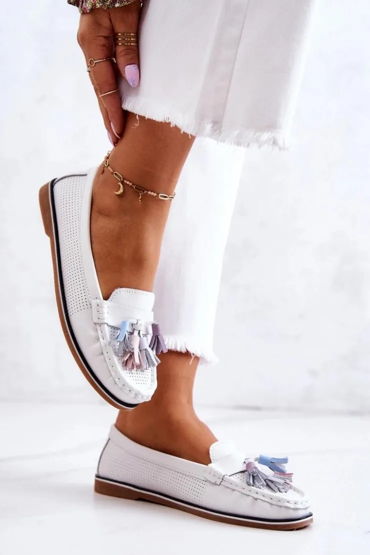 Online Evento Skórzane Mokasyny Damskie Z Frędzlami Białe Laressa