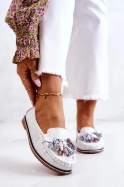 Online Evento Skórzane Mokasyny Damskie Z Frędzlami Białe Laressa