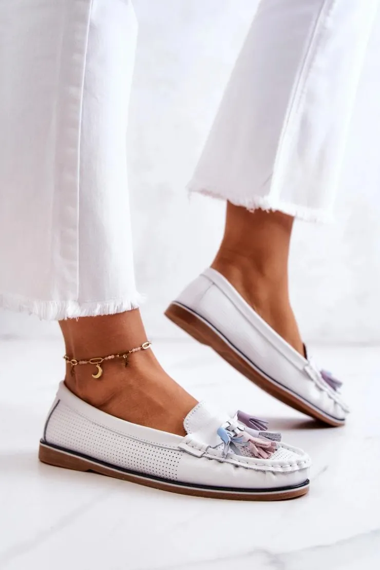 Online Evento Skórzane Mokasyny Damskie Z Frędzlami Białe Laressa
