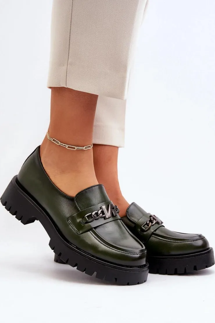 Damskie Buty damskie Vinceza Skórzane Mokasyny Damskie Z Ozdobą Ciemnozielone Loraleima