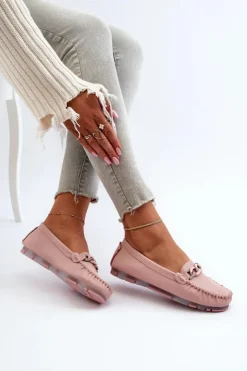 Damskie buty S.Barski Loafersy Damskie|Mokasyny Damskie Skórzane*Skórzane Mokasyny Damskie Z Ozdobą Różowe S.Barski LR339 Różowy