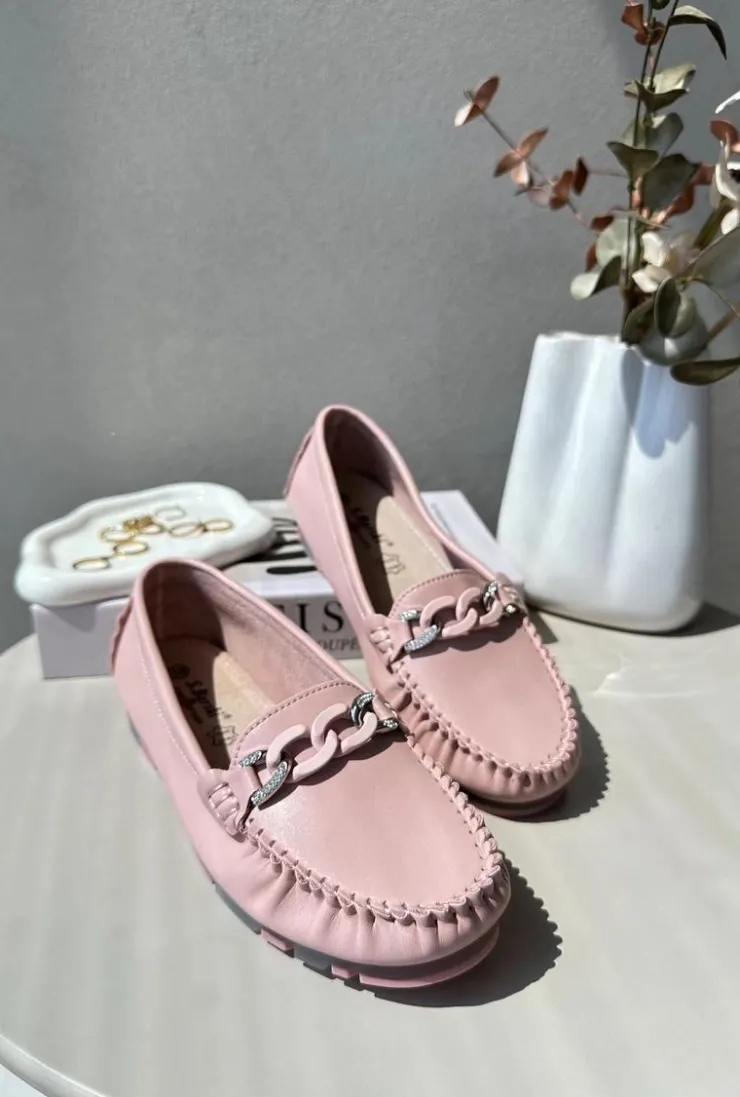Damskie buty S.Barski Loafersy Damskie|Mokasyny Damskie Skórzane*Skórzane Mokasyny Damskie Z Ozdobą Różowe S.Barski LR339 Różowy