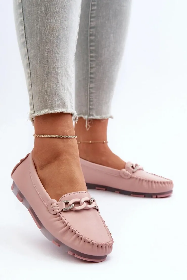 Damskie buty S.Barski Loafersy Damskie|Mokasyny Damskie Skórzane*Skórzane Mokasyny Damskie Z Ozdobą Różowe S.Barski LR339 Różowy