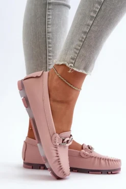 Damskie buty S.Barski Loafersy Damskie|Mokasyny Damskie Skórzane*Skórzane Mokasyny Damskie Z Ozdobą Różowe S.Barski LR339 Różowy