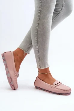 Damskie buty S.Barski Loafersy Damskie|Mokasyny Damskie Skórzane*Skórzane Mokasyny Damskie Z Ozdobą Różowe S.Barski LR339 Różowy