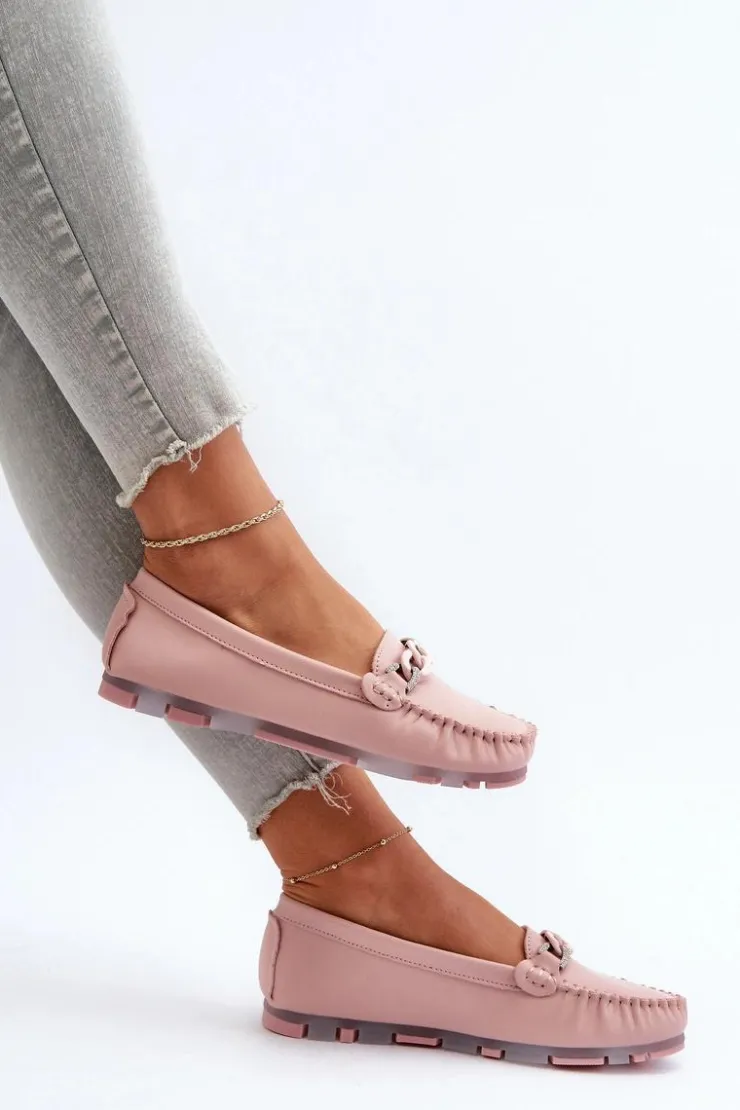 Damskie buty S.Barski Loafersy Damskie|Mokasyny Damskie Skórzane*Skórzane Mokasyny Damskie Z Ozdobą Różowe S.Barski LR339 Różowy