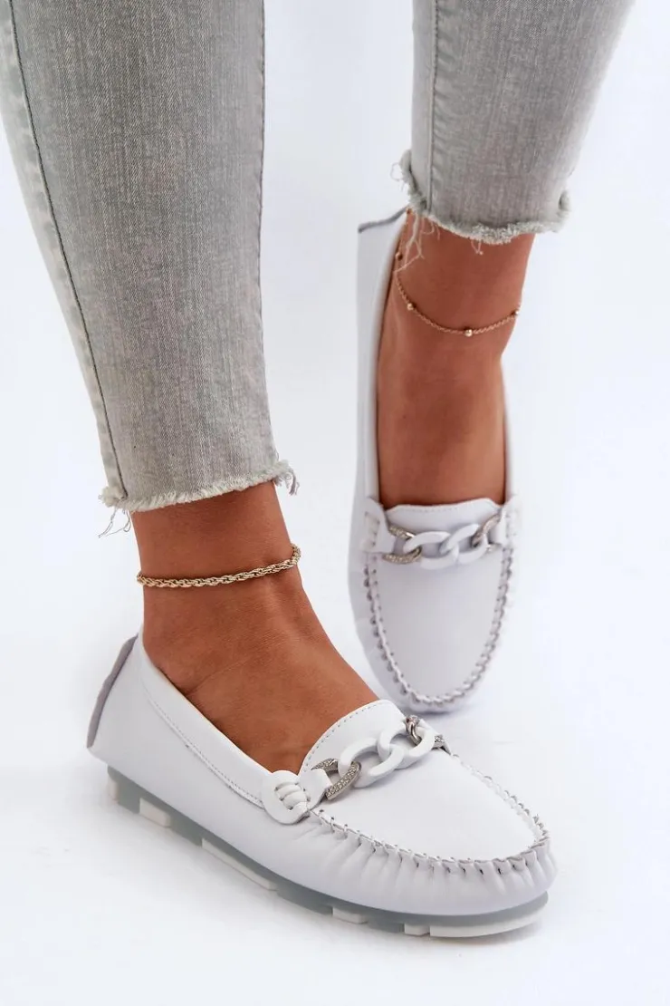 Sale Damskie buty S.Barski Skórzane Mokasyny Damskie Z Ozdobą Białe S.Barski LR339 Biały