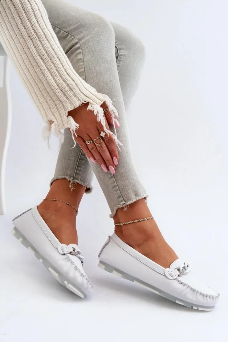 Sale Damskie buty S.Barski Skórzane Mokasyny Damskie Z Ozdobą Białe S.Barski LR339 Biały