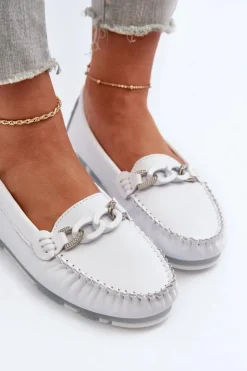 Sale Damskie buty S.Barski Skórzane Mokasyny Damskie Z Ozdobą Białe S.Barski LR339 Biały