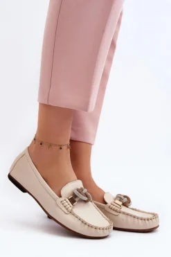 Best Laura Messi Skórzane Mokasyny Damskie Z Ozdobą 2761 Jasnobeżowe Beżowy