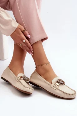 Best Laura Messi Skórzane Mokasyny Damskie Z Ozdobą 2761 Jasnobeżowe Beżowy