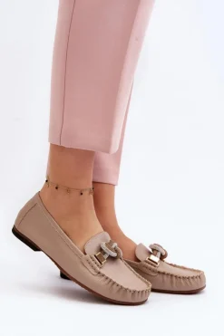 Damskie Laura Messi Skórzane Mokasyny Damskie Z Ozdobą 2761 Beżowe