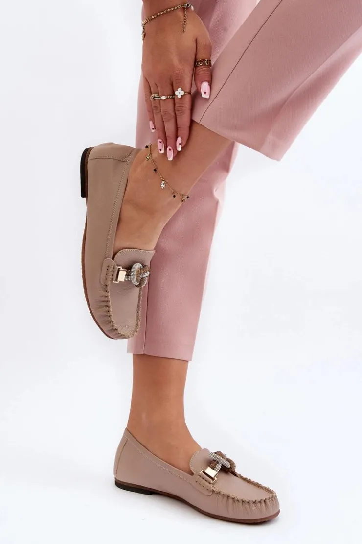 Damskie Laura Messi Skórzane Mokasyny Damskie Z Ozdobą 2761 Beżowe