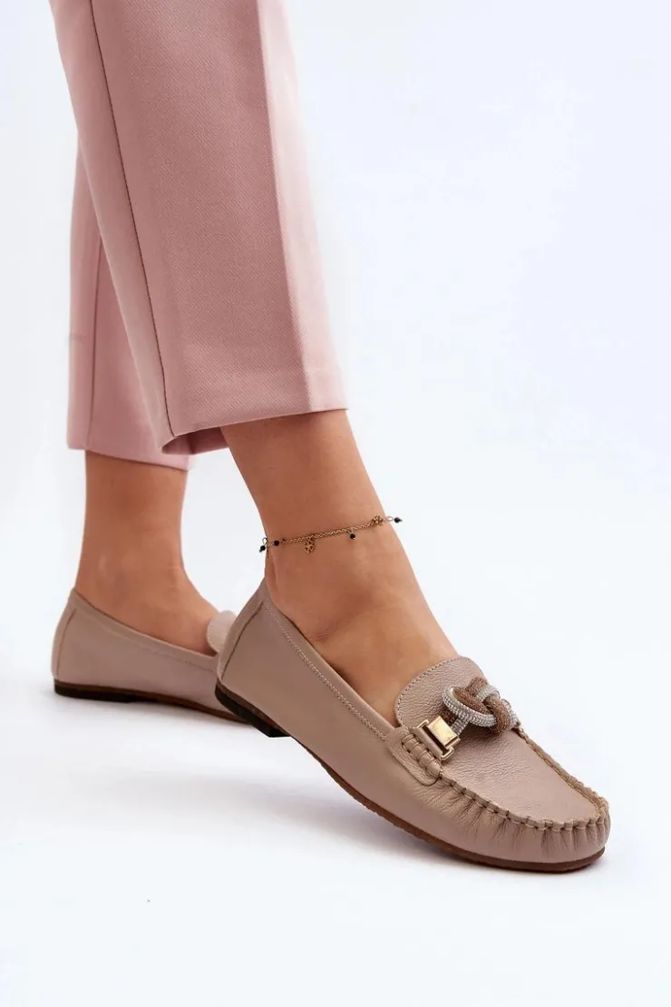 Damskie Laura Messi Skórzane Mokasyny Damskie Z Ozdobą 2761 Beżowe