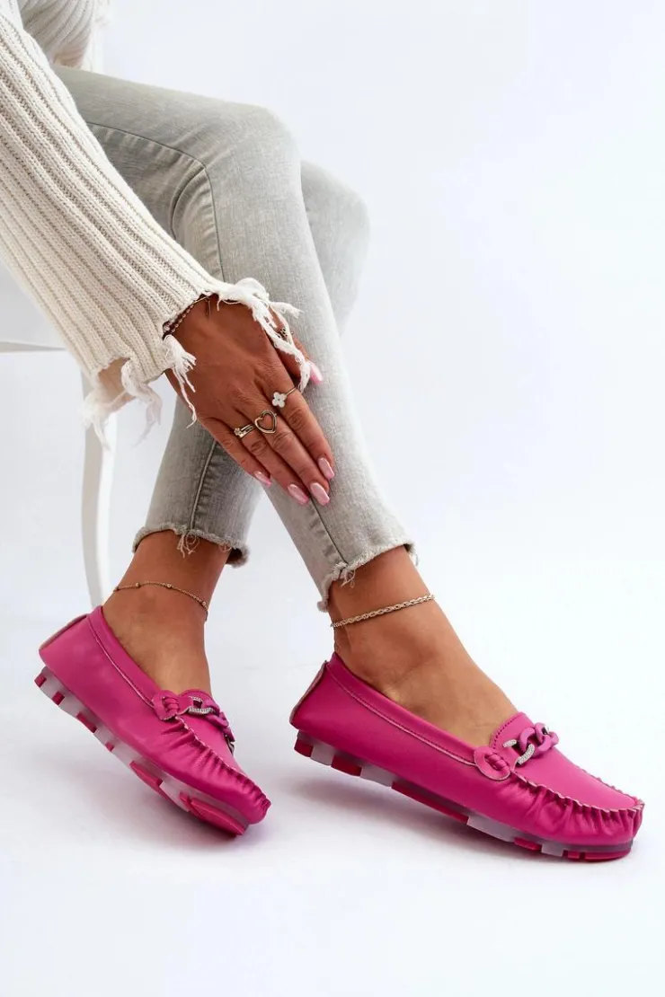 Online Damskie buty S.Barski Skórzane Mokasyny Damskie Z Ozdobą Fuksja S.Barski LR339 Różowy