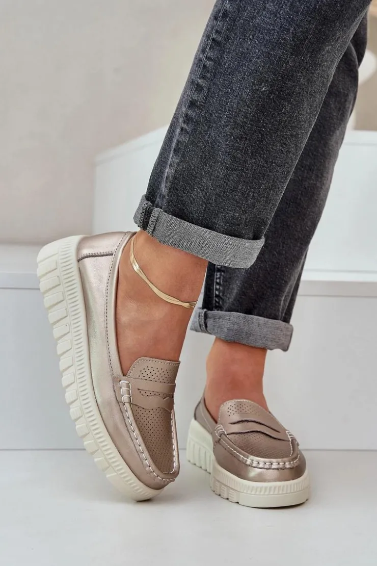 Damskie Evento Skórzane Mokasyny Damskie Na Platformie I Koturnie Różowe Złoto Elanindel