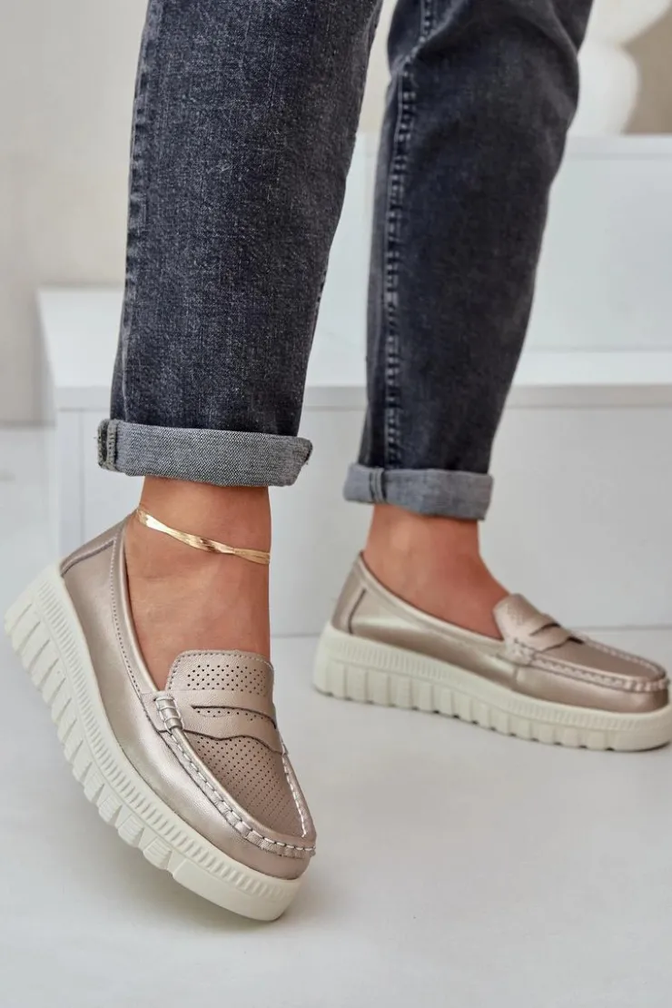 Damskie Evento Skórzane Mokasyny Damskie Na Platformie I Koturnie Różowe Złoto Elanindel