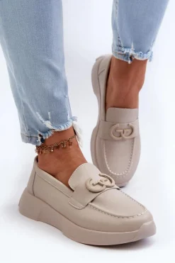 Damskie Damskie buty S.Barski Skórzane Mokasyny Damskie Na Platformie Beżowe S.Barski LR490
