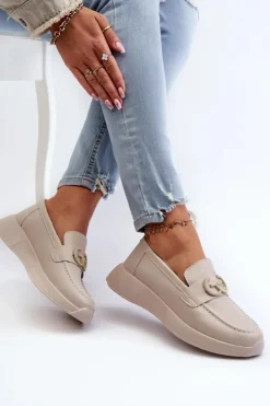 Damskie Damskie buty S.Barski Skórzane Mokasyny Damskie Na Platformie Beżowe S.Barski LR490