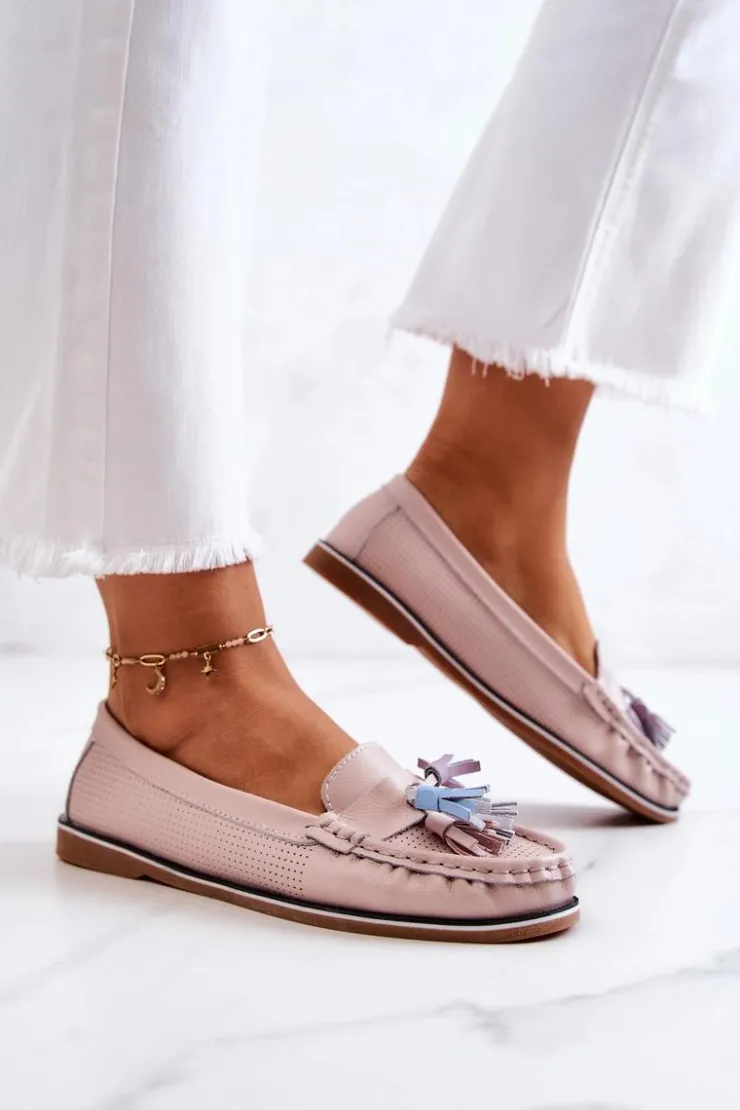 Damskie Evento Skórzane Mokasyny Damskie Z Frędzlami Różowe Laressa