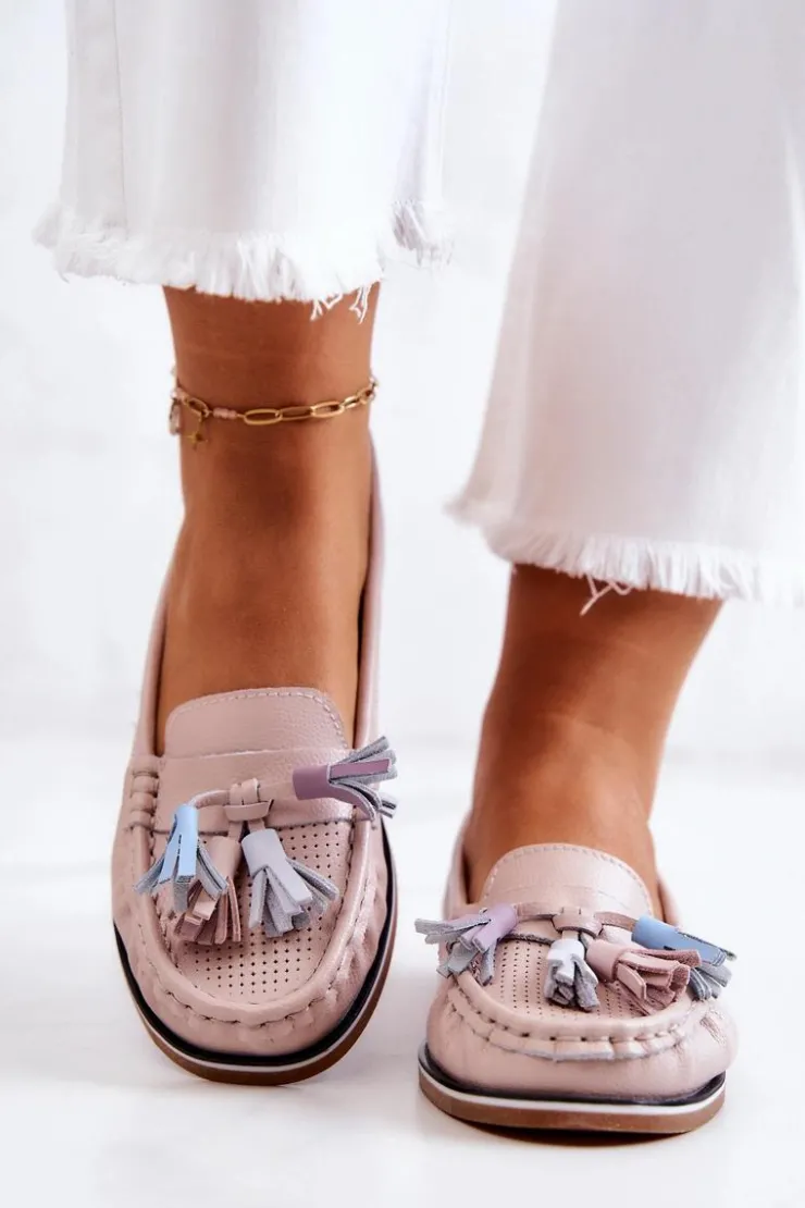 Damskie Evento Skórzane Mokasyny Damskie Z Frędzlami Różowe Laressa