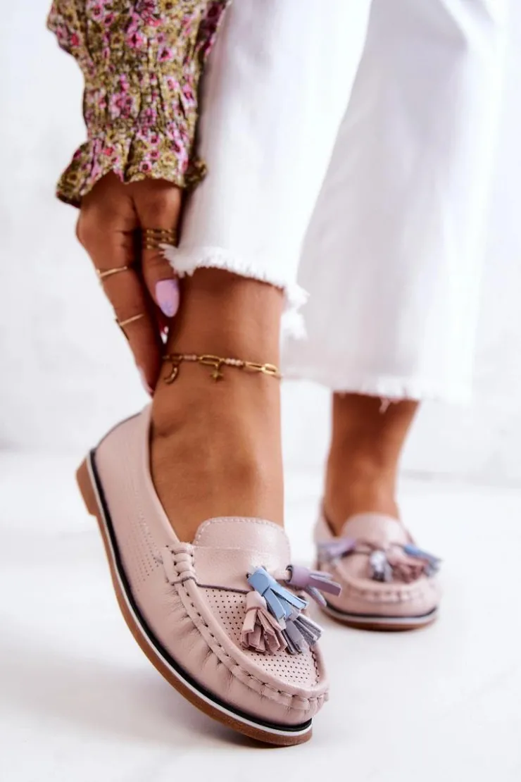 Damskie Evento Skórzane Mokasyny Damskie Z Frędzlami Różowe Laressa