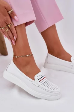 Damskie Evento Skórzane Mokasyny Damskie Białe Dovema