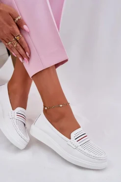 Damskie Evento Skórzane Mokasyny Damskie Białe Dovema