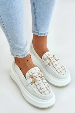 Buty damskie Vinceza Loafersy Damskie*Skórzane Mokasyny Damskie Na Platformie Ze Złotą Ozdobą Vinceza 89105 Jasnobeżowe Beżowy