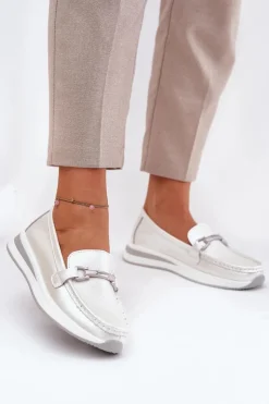 Discount Damskie buty S.Barski Skórzane Mokasyny Damskie S.Barski GR51-598 Perłowe Srebrny