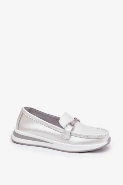 Discount Damskie buty S.Barski Skórzane Mokasyny Damskie S.Barski GR51-598 Perłowe Srebrny