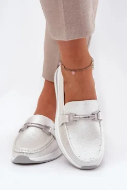 Discount Damskie buty S.Barski Skórzane Mokasyny Damskie S.Barski GR51-598 Perłowe Srebrny