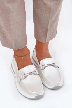 Discount Damskie buty S.Barski Skórzane Mokasyny Damskie S.Barski GR51-598 Perłowe Srebrny