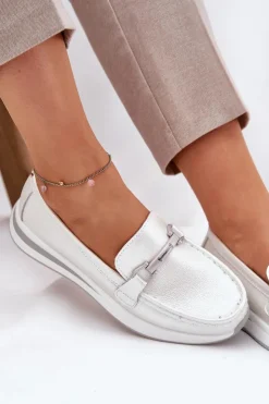 Discount Damskie buty S.Barski Skórzane Mokasyny Damskie S.Barski GR51-598 Perłowe Srebrny