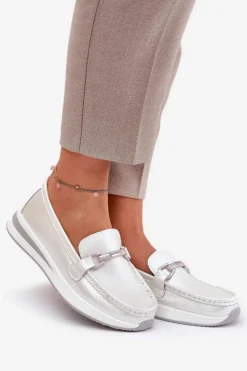 Discount Damskie buty S.Barski Skórzane Mokasyny Damskie S.Barski GR51-598 Perłowe Srebrny