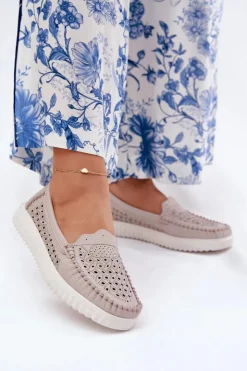 Damskie Buty damskie Vinceza Skórzane Mokasyny Damskie Z Ażurowym Wzorem Vinceza 88028 Beżowe