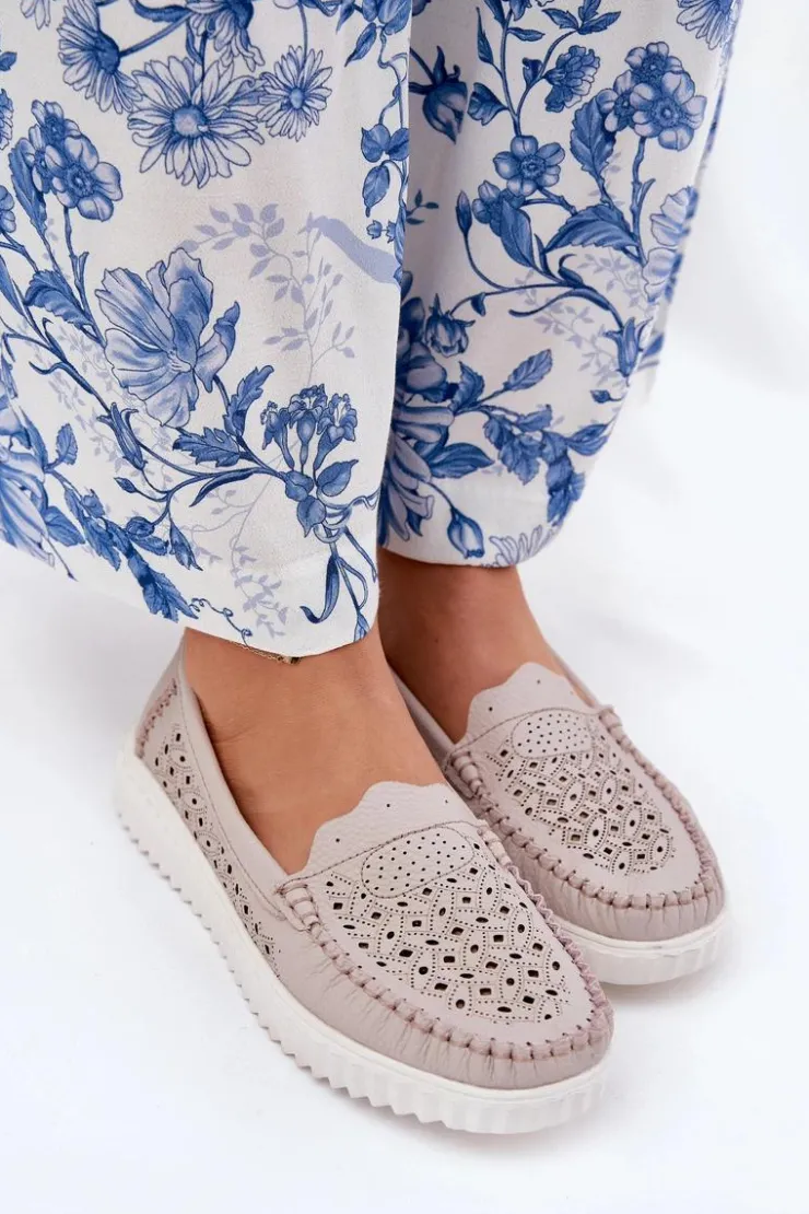 Damskie Buty damskie Vinceza Skórzane Mokasyny Damskie Z Ażurowym Wzorem Vinceza 88028 Beżowe