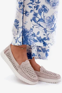 Damskie Buty damskie Vinceza Skórzane Mokasyny Damskie Z Ażurowym Wzorem Vinceza 88028 Beżowe