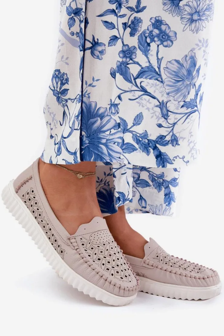 Damskie Buty damskie Vinceza Skórzane Mokasyny Damskie Z Ażurowym Wzorem Vinceza 88028 Beżowe