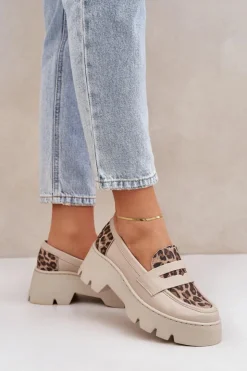 Clearance Zazoo Skórzane Mokasyny Damskie Na Platformie I Płaskim Obcasie Panterka 20191 Jasnobeżowe Beżowy