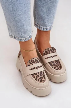 Clearance Zazoo Skórzane Mokasyny Damskie Na Platformie I Płaskim Obcasie Panterka 20191 Jasnobeżowe Beżowy