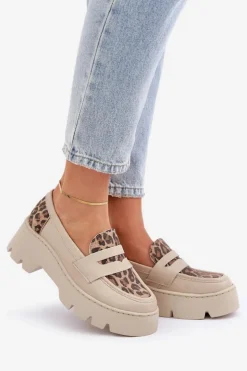Clearance Zazoo Skórzane Mokasyny Damskie Na Platformie I Płaskim Obcasie Panterka 20191 Jasnobeżowe Beżowy