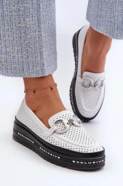 Damskie buty S.Barski Skórzane Mokasyny Damskie Na Platformie Z Ozdobą S.Barski LR750 Białe Biały