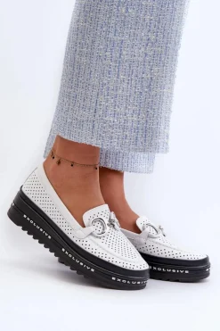 Damskie buty S.Barski Skórzane Mokasyny Damskie Na Platformie Z Ozdobą S.Barski LR750 Białe Biały