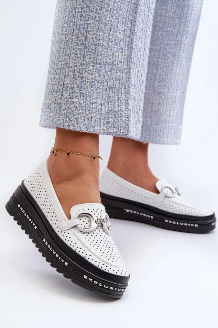 Damskie buty S.Barski Skórzane Mokasyny Damskie Na Platformie Z Ozdobą S.Barski LR750 Białe Biały